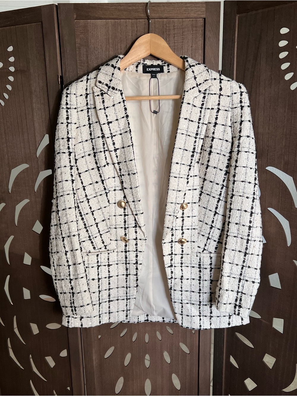 Express Cream and Black Windowpane Tweed Double-Breasted Blazer